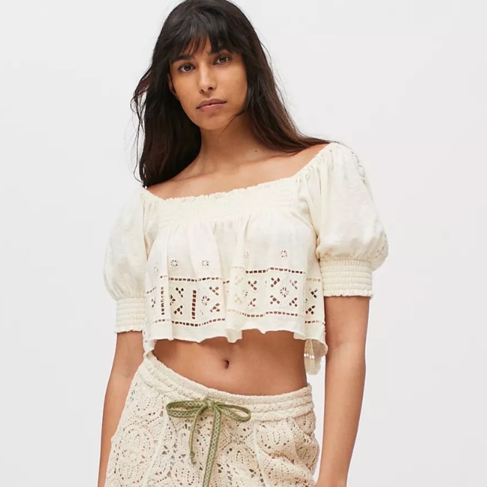 Off-Shoulder Eyelet Crop Top in Cream